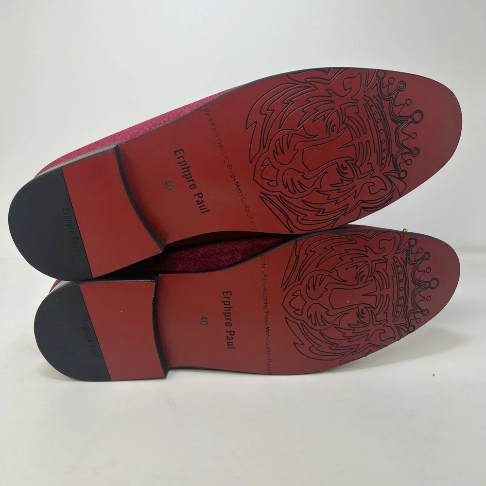 Erphpre Paul Men's Luxury Velvet Loafers – Burgundy/Gold – Size 7 Gold Lion NIB